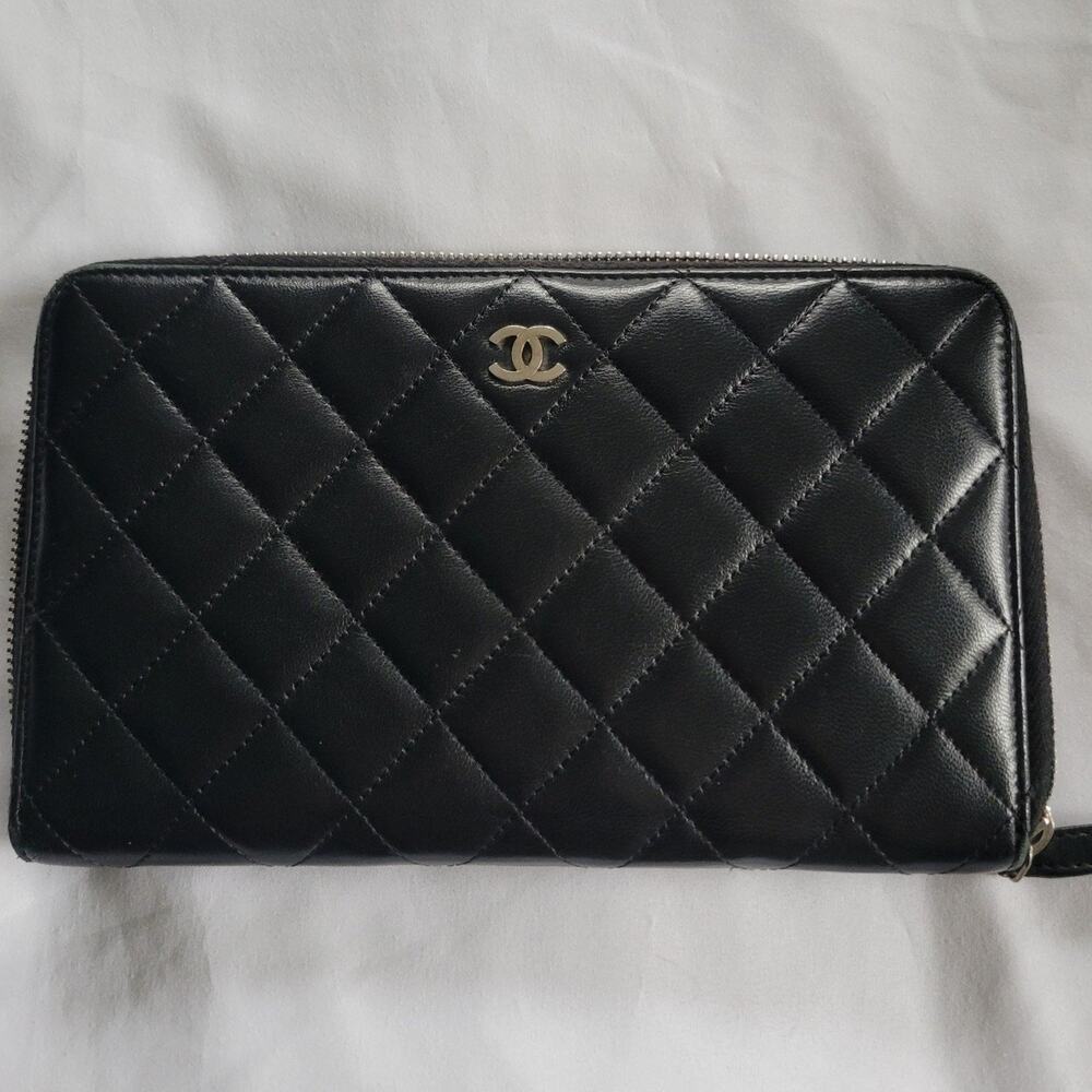 Chanel COCO Logo Quilted Matelasse Black Lambskin Zip Around Long Wallet